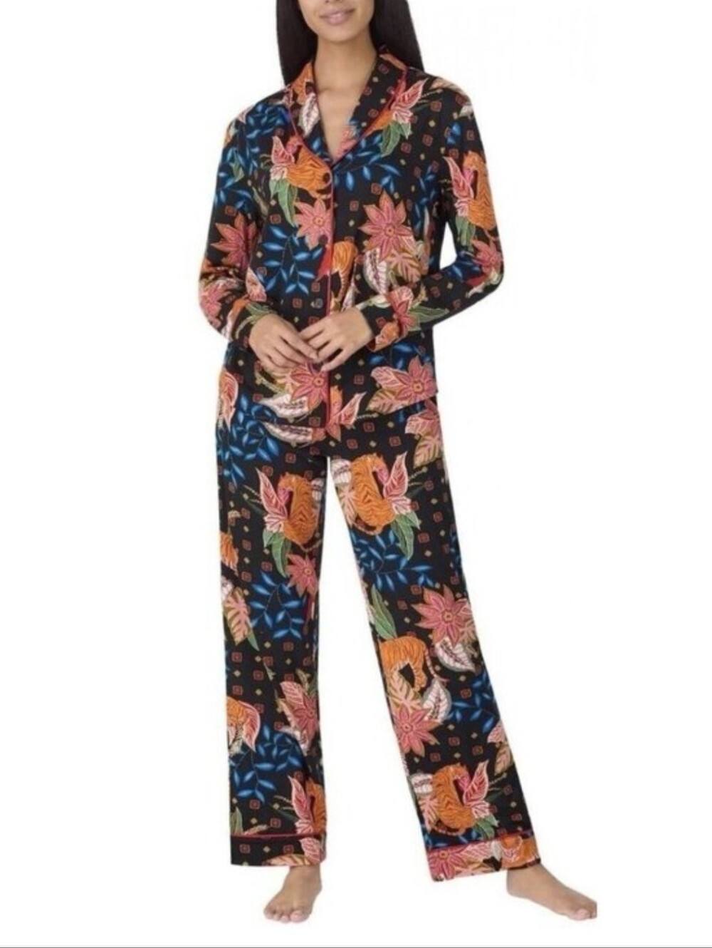 Room Service Tropical Tiger Black Long-Sleeve Pajama Set Top and Pants